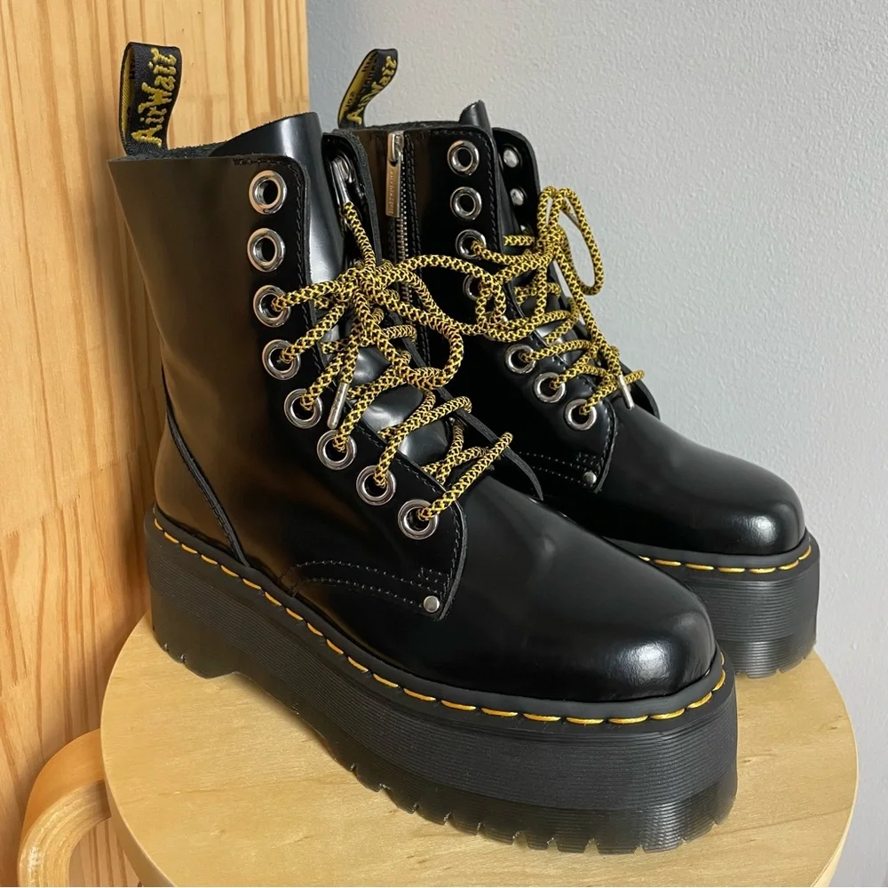 Dr. Martens Black Leather Platform Combat Boots with Yellow Accents - Picture 1 of 13